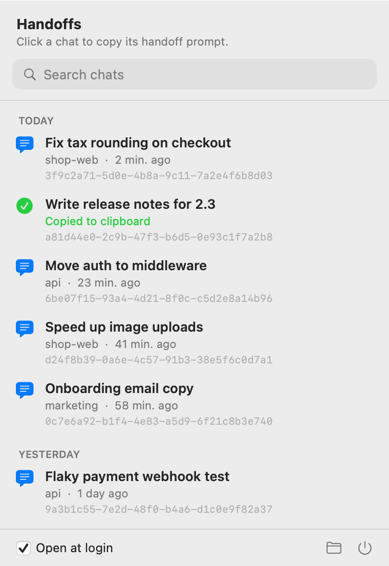 The HandoffBar panel: a search box above a list of recent chats with titles, project names, and times. One row says Copied to clipboard.