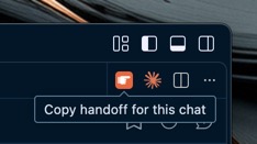 The orange hand icon at the top right of a Claude chat tab, with the tip "Copy handoff for this chat"